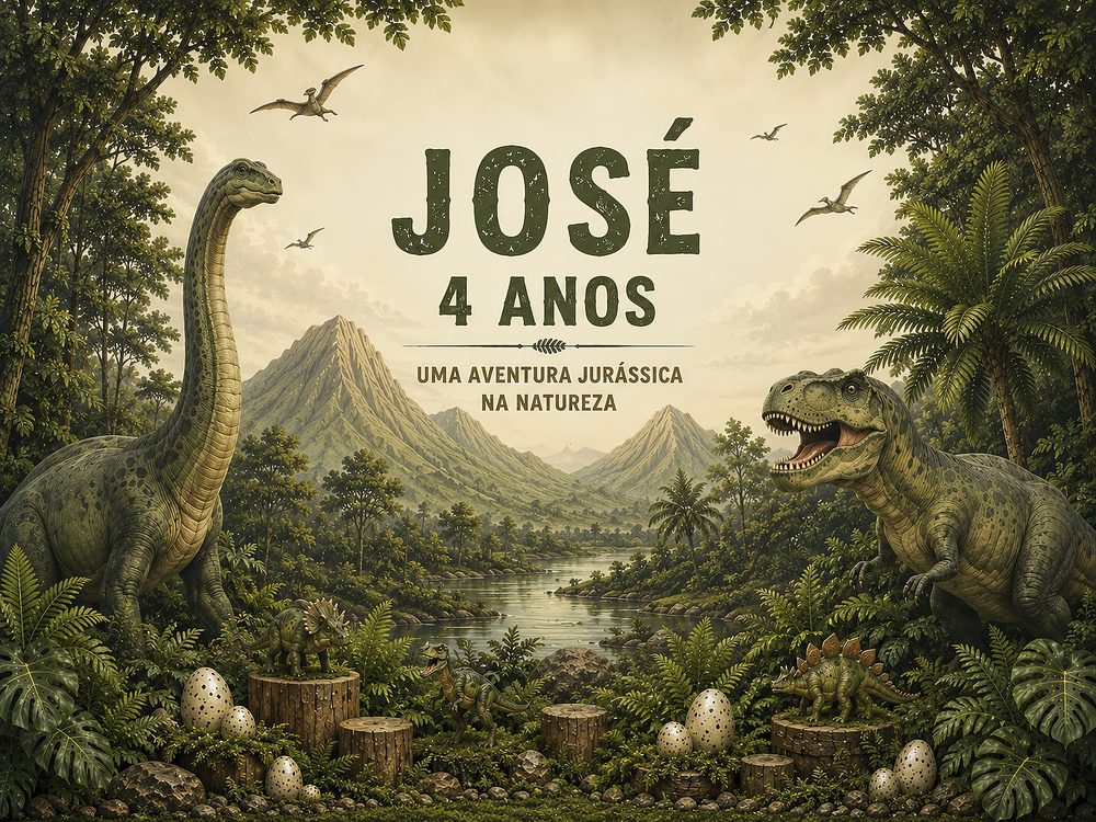 José, 4 anos — uma aventura jurássica na natureza. Ilustração de floresta com dinossauros.
